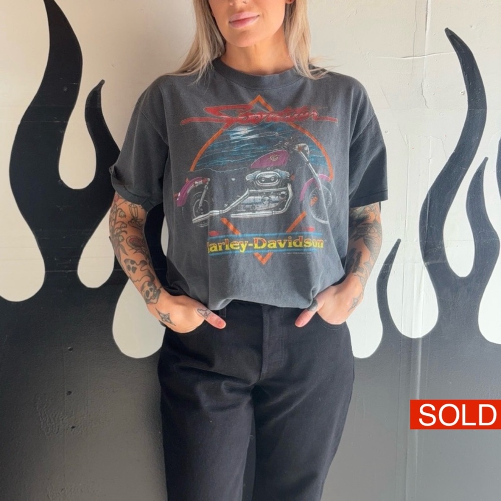 ❌SOLD❌Vintage 1991 Sportster Harley-Davidson Tee with Neon Motorcycle Graphic